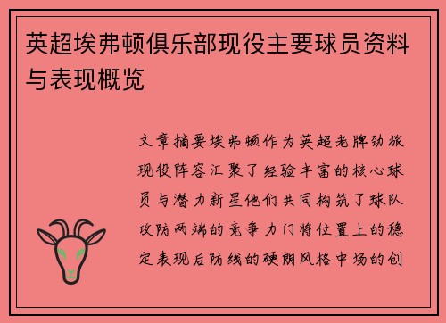 英超埃弗顿俱乐部现役主要球员资料与表现概览