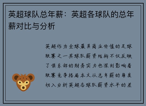 英超球队总年薪：英超各球队的总年薪对比与分析